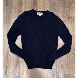 Vintage Campus Sweater Mens Medium Blue Cable Knit V Neck